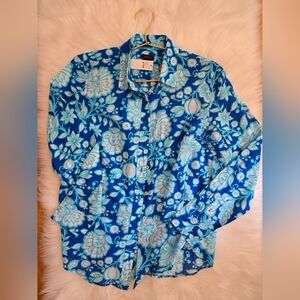 Talbots Floral Blue and White Button-Up Shirt